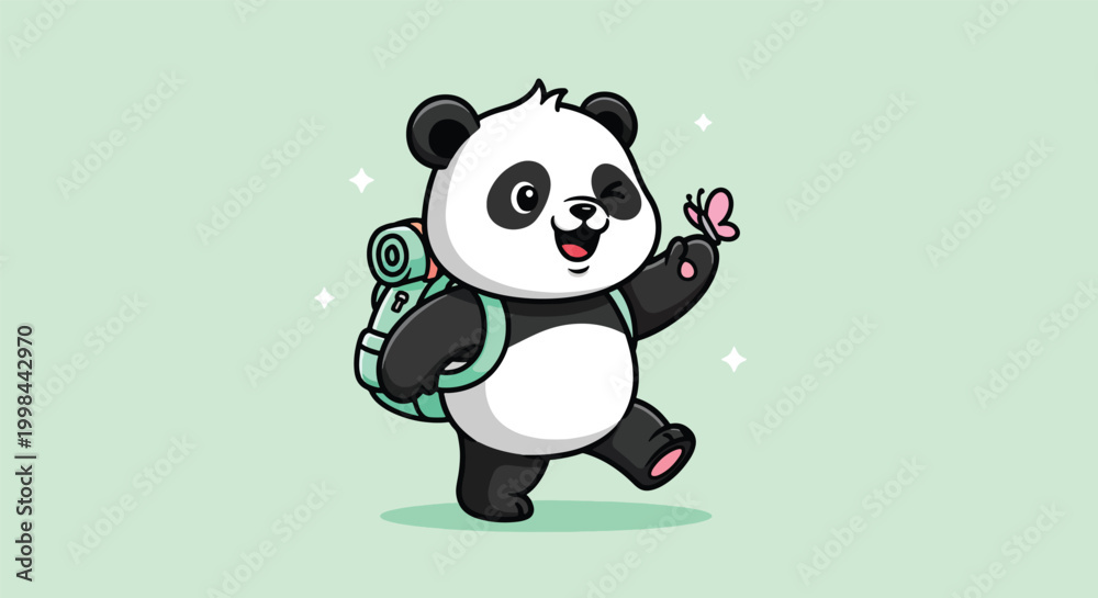 Naklejka premium Cute Panda Bear with Backpack and Butterfly.