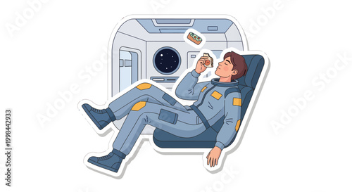 Astronaut relaxing in space station with a drink