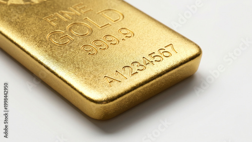 Macro close-up of a gold bar showing detailed texture and engraving on a clean white background, emphasizing authenticity, value, and premium quality in a minimal composition.