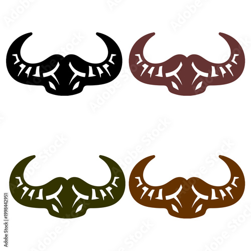 A collection of four stylized tribal buffalo horn silhouettes in different colors perfect for logo mascot or t shirt design projects featuring powerful wildlife elements