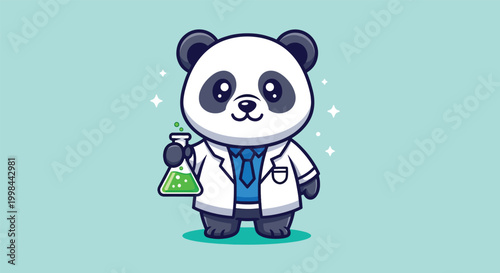 Cute Panda Scientist Character Holding a Flask Illustration.
