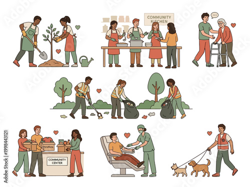 Community Volunteering and Charity Illustration Set: Social Work, Donation, and Environmental Care