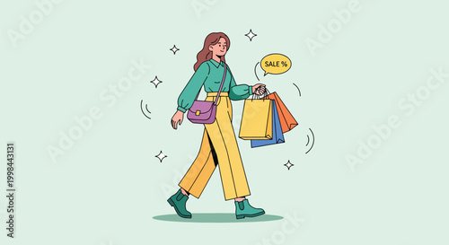 Happy stylish woman walking with shopping bags in modern flat illustration.