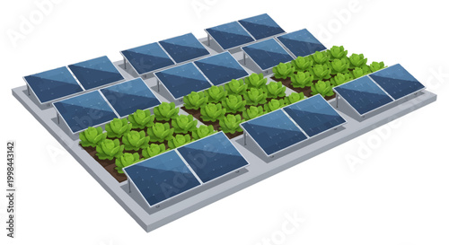 Solar panels with green plants growing underneath renewable energy