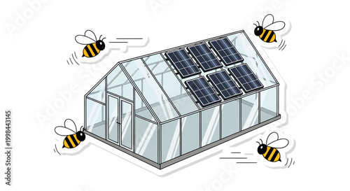 Solar powered greenhouse with flying bees around it