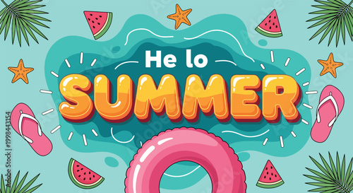 Hello Summer Beach Vacation and Pool Party Background Illustration with Tropical Elements.