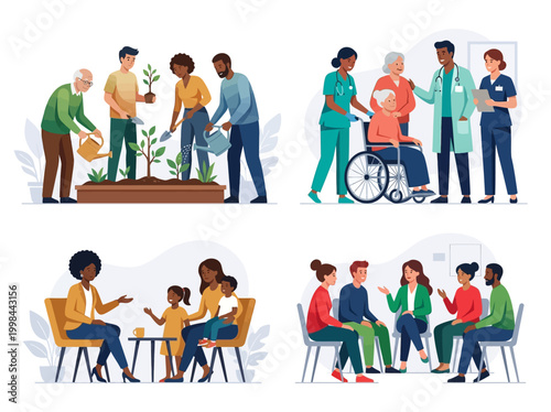 Social Services and Community Support Illustration Set Featuring Healthcare, Gardening, Family Counseling, and Group Therapy Concepts