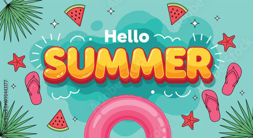 Hello Summer Vector Banner with Tropical Leaves and Watermelon.