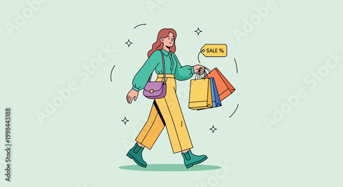 Illustration of a fashionable young woman walking while carrying shopping bags.