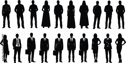 Large collection of professional business people silhouettes featuring men in suits with briefcases and women in formal attire isolated on white background for design.