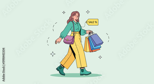 Stylish young woman walking with colorful shopping bags during a sale event.