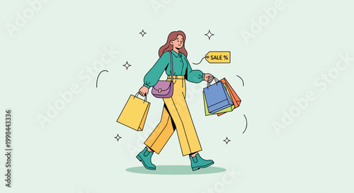 Woman enjoying shopping spree with bags and sale tag.