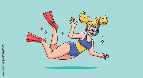Woman snorkeling in blue swimsuit with red flippers cartoon illustration.