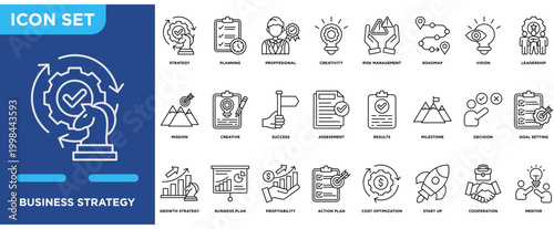Business Strategy outline icon set featuring planning, professional, creativity, risk management, roadmap, vision, and success