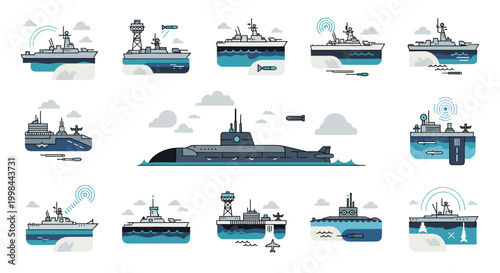 Naval fleet illustration showcasing various warships and a submarine in a modern, flat vector style. the design features a cool blue and gray color palette with clean lines,