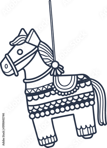 Traditional pinata horse shape with decorative patterns and hanging string outline drawing design