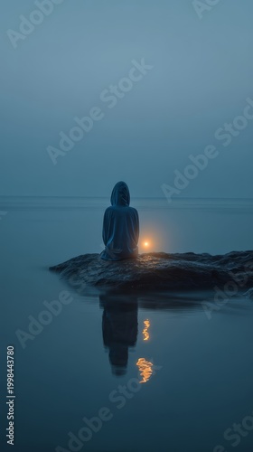 A woman in a blue hoodie sits alone on a rock surrounded by calm waters and soft reflections, illuminated by a small glowing light, under a serene twilight sky.