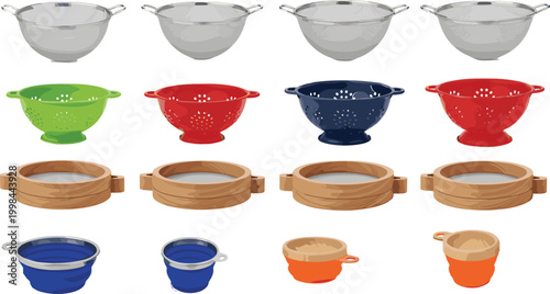 Kitchen Colander And Strainer Vector Set Featuring Multiple Metal Plastic And Wooden Sieve Designs For Food Preparation Cooking And Washing Graphic Designs