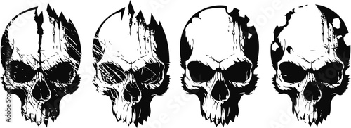 Four black and white skull illustrations with cracked and distressed textures in a row