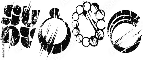 Grunge black and white circular distressed design elements with rough textured brush strokes and scratches