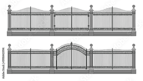 Vector Architectural Fence and Railing Elevation Set Featuring Wrought Iron and Glass Designs