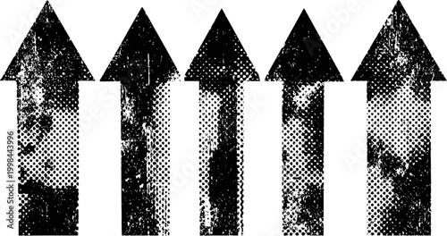 Grunge five black arrows pointing upward retro halftone design with distressed textured look
