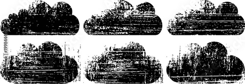 grunge vintage cloud icons set distressed textured weather symbol collection in black silhouette