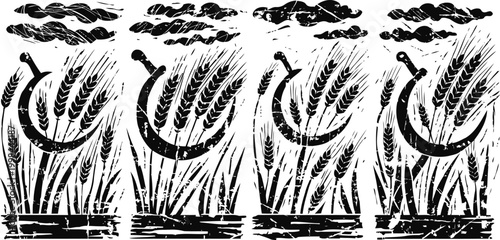 Vintage agricultural illustration of wheat ears and sickle in rustic style, harvest and farming concept