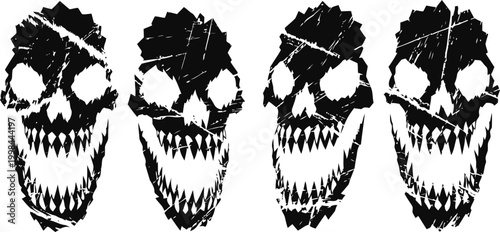 grunge skull faces with shattered cracks and menacing sharp teeth set in black and white