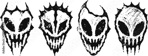 horror skull masks set four creepy sinister faces with dark eye sockets and jagged teeth halloween and gothic theme