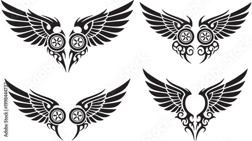 Eagle wing tattoo designs with circular target symbols and tribal ornamental scrollwork in black and white vector style featuring emblem, ornament,