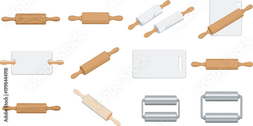 Rolling Pin Vector Set Featuring Multiple Wooden And Metal Designs With Chopping Boards For Kitchen Baking Cooking And Bakery Food Graphic Designs