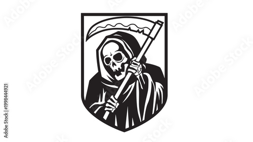 Skull grim reaper character holding a rifle in a premium monochrome vintage emblem illustration featuring skeleton face, gun, weapon with death