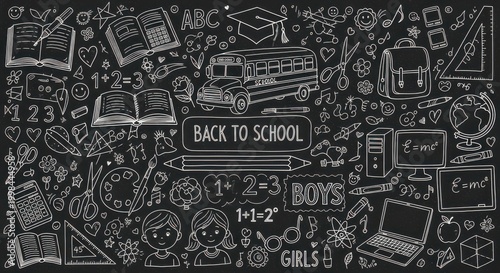 Hand drawn collection of school supplies and educational items is displayed on a dark chalkboard background.