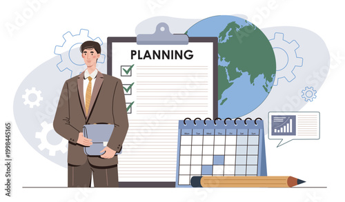 Businessman planning concept. Man with briefcase next to calendar and pencil. Planning and scheduling, time management. Business organization. Flat vector illustration