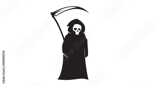 Skull hooded figure icon with black robes and scythe, grim reaper silhouette for Halloween and horror themes featuring death, skeleton, gothic with