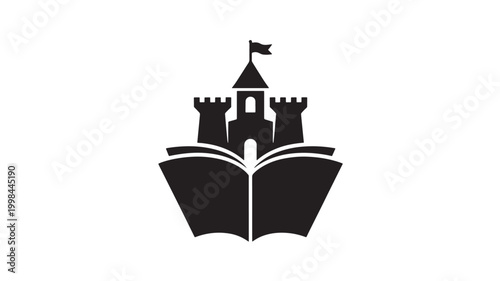Castle book logo icon with open pages and flag, premium black silhouette symbol for education and storytelling featuring storybook, reading, learning