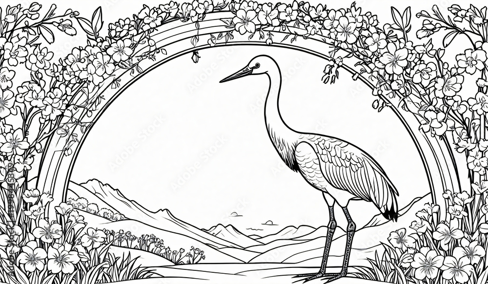 Fototapeta premium Black and white coloring book page, A mini crane stretching in a blossom arch 