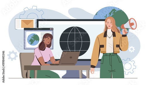 Business reputation concept. Two women with laptop near world map. Social media promotion. PR managers promote company online. Brand building. Flat vector illustration