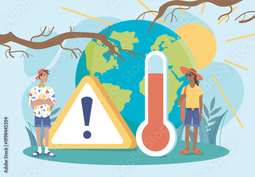 Climate change poster. Man and woman near thermometer. Environmental activists protest against environmental pollution. Concern for ecology and environment. Flat vector illustration