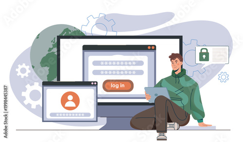 Man login to website. Young girl enters username and password and registers online. User logs into profile or account. Authentication and authorization. Flat vector illustration