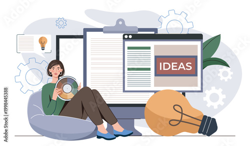 Creative workspace online. Woman sits near lamp and sign ideas. Freelancer or remote worker works on creative tasks. Brainstorming and creativity. Flat vector illustration