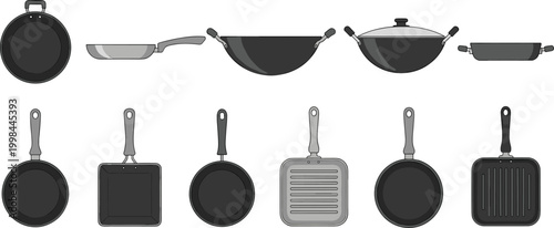 Frying Pan Vector Set Featuring Multiple Kitchen Cookware Designs Including Wok Grill Pan And Skillet In Black And Grey For Cooking Food Graphic Designs