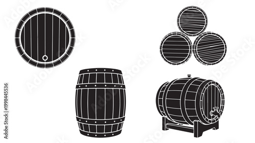 Barrel icon set with black vintage rings, circular staves, and timber engraving style for restaurant or brewery branding
