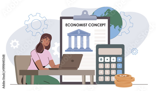 Economist woman concept. Woman with laptop near calculator and bank building. Economy and accounting. Accountant evaluates income and expenses. Flat vector illustration