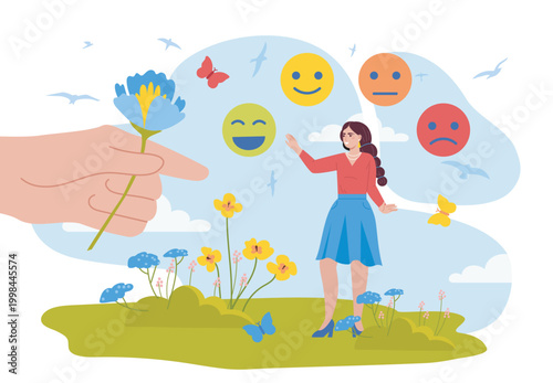 Woman with different emotions. Young girl with different emotions. Anger, sadness, and happiness. Caring for mental and psychological health. Facial expressions. Flat vector illustration