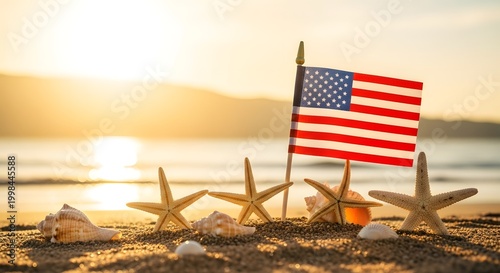 American flag on beach with starfish a patriotic coastal scene