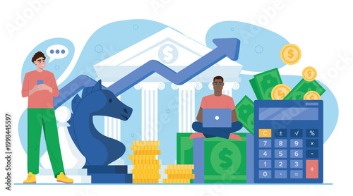 Financial advisor concept. Men near rising arrow, calculator, and money. Financial literacy and passive income. Successful investors and entrepreneurs. Flat vector illustration