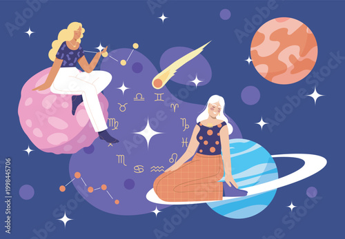 Women with horoscope. Young girls near colorful planets and zodiac signs. Astrology and fortune telling. Mysticism and esotericism. Flat vector illustration