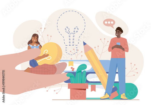 People looking for idea. Man and woman holding light bulb in hands. Brainstorming, insight and creativity. Innovation and creative solution. Flat vector illustration